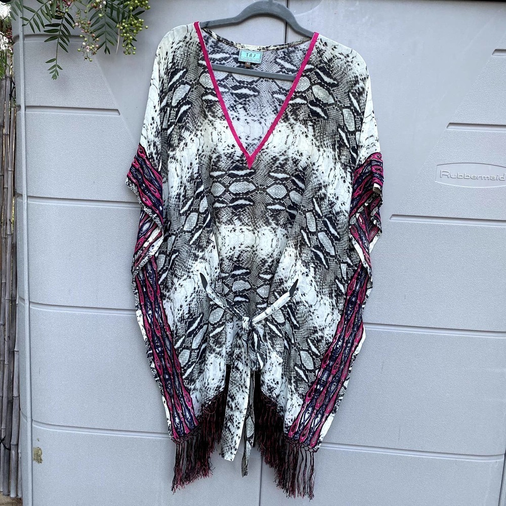 Taj by Sabrina Crippa 100% Silk Embroidered Tassels Fringe Cover Up Tunic Sz XS